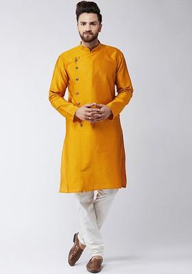 Yellow Woven Poly Blend Kurta Set For Men