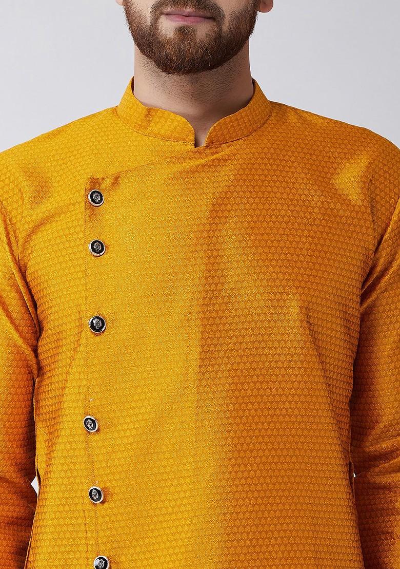 Yellow Woven Poly Blend Kurta Set For Men