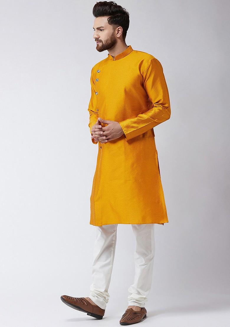 Yellow Woven Poly Blend Kurta Set For Men