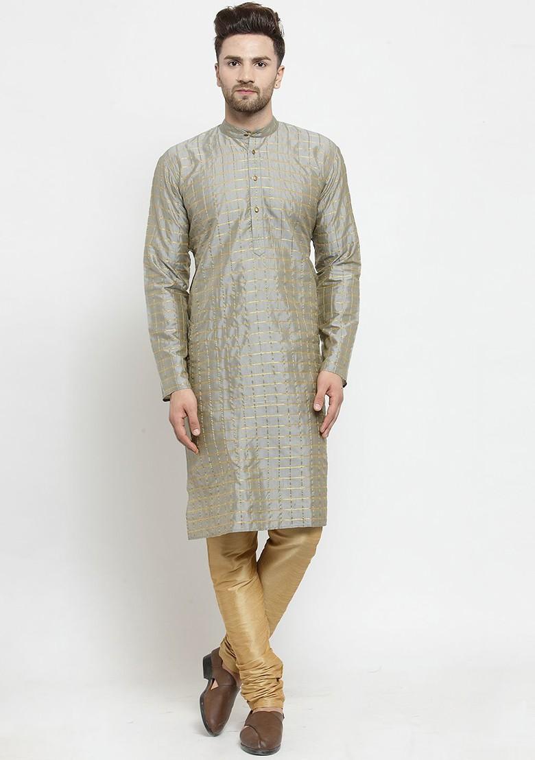Grey Checked Poly Blend Kurta Set For Men