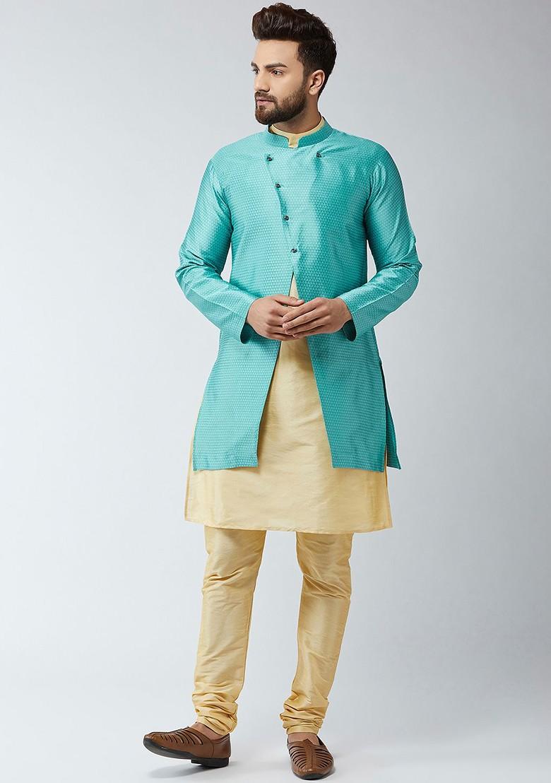 Beige Solid Poly Blend Kurta Set For Men