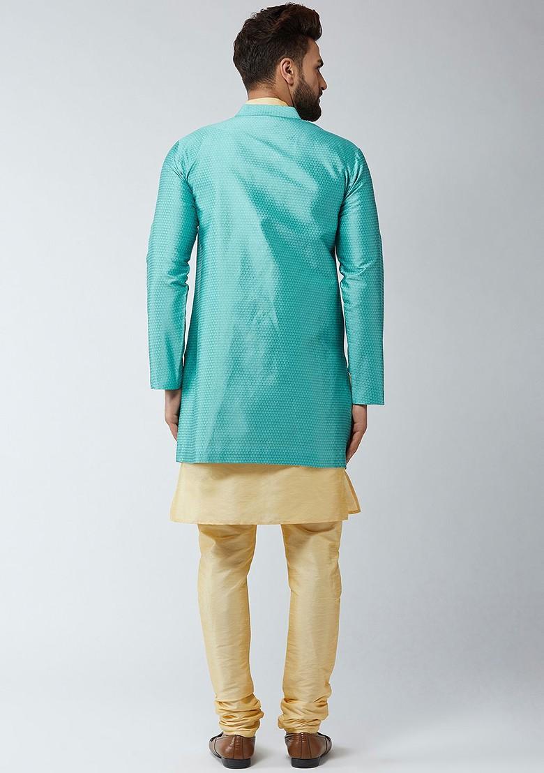 Beige Solid Poly Blend Kurta Set For Men