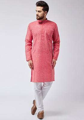 Red Solid Poly Blend Kurta Set For Men