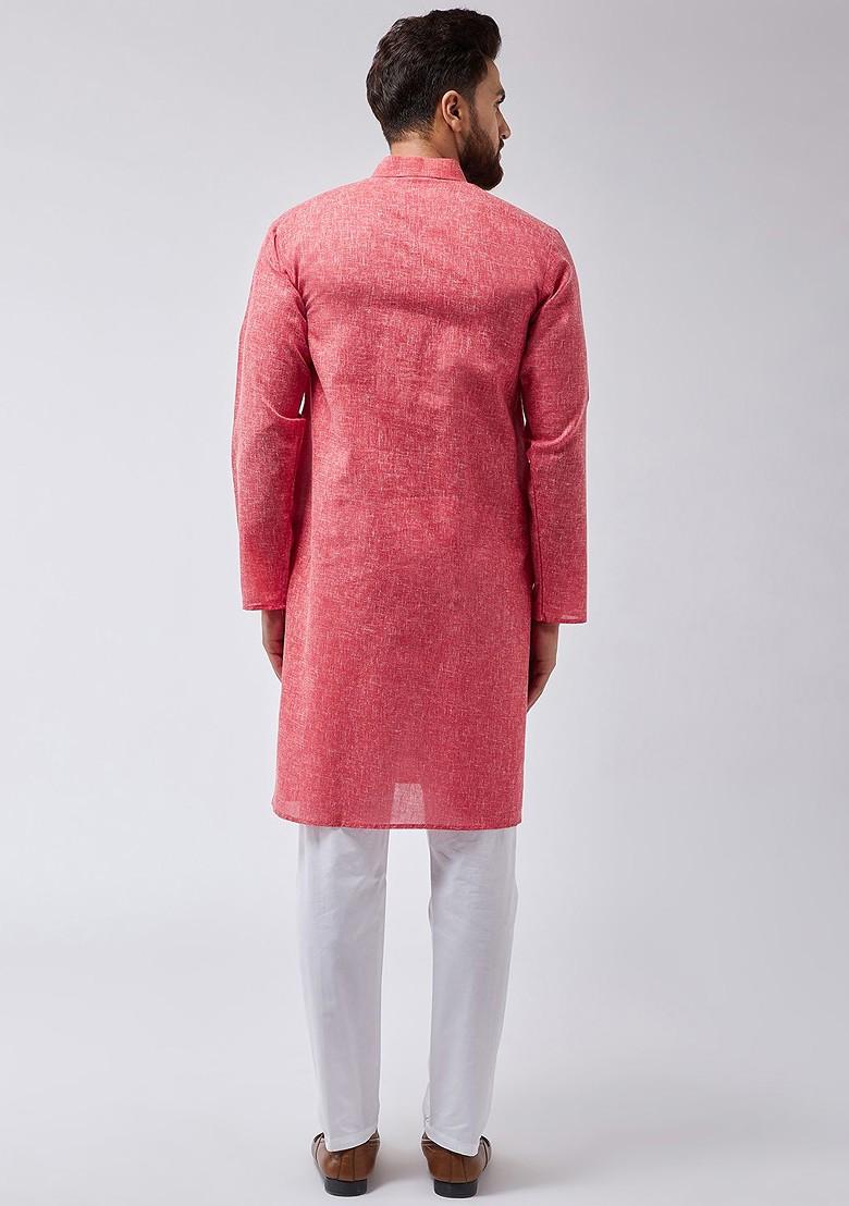 Red Solid Poly Blend Kurta Set For Men