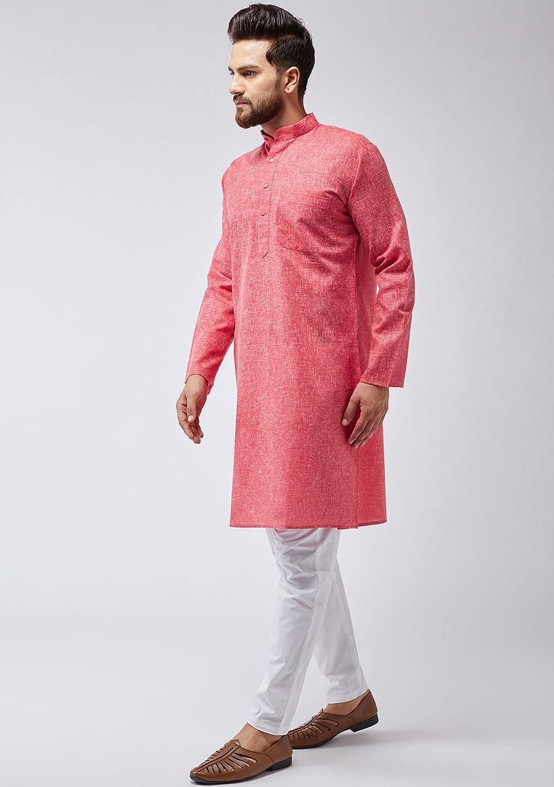 Red Solid Poly Blend Kurta Set For Men
