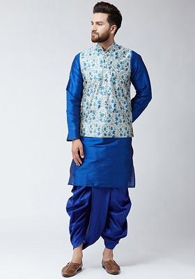 Navy Blue Printed Poly Blend Kurta Set For Men