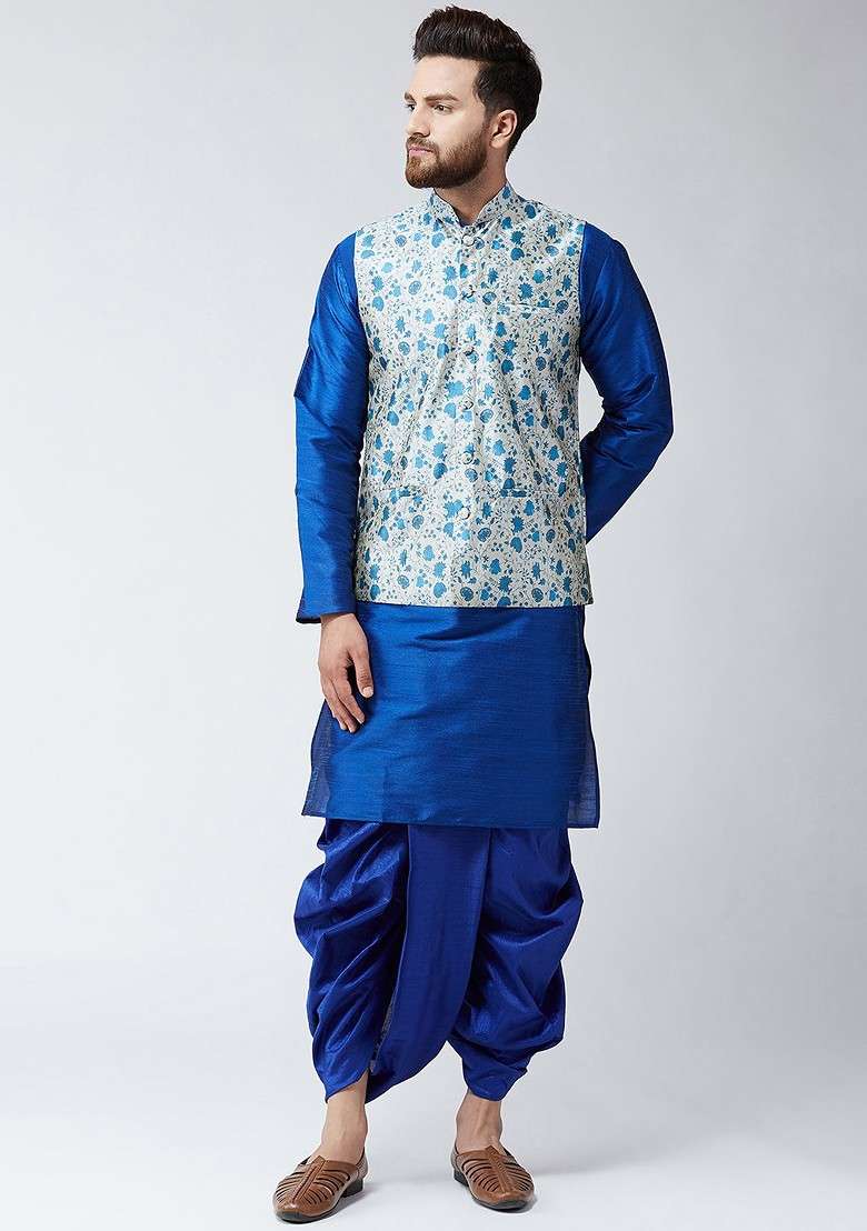 Navy Blue Printed Poly Blend Kurta Set For Men - Indya