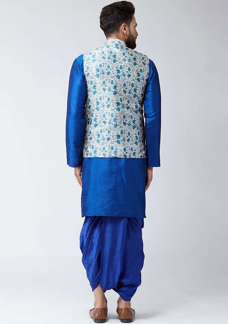 Navy Blue Printed Poly Blend Kurta Set For Men - Indya
