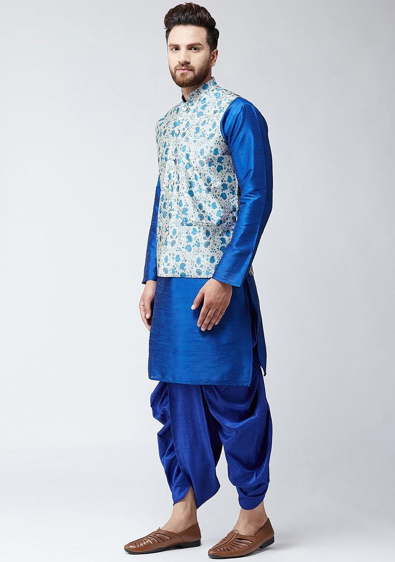 Navy Blue Printed Poly Blend Kurta Set For Men