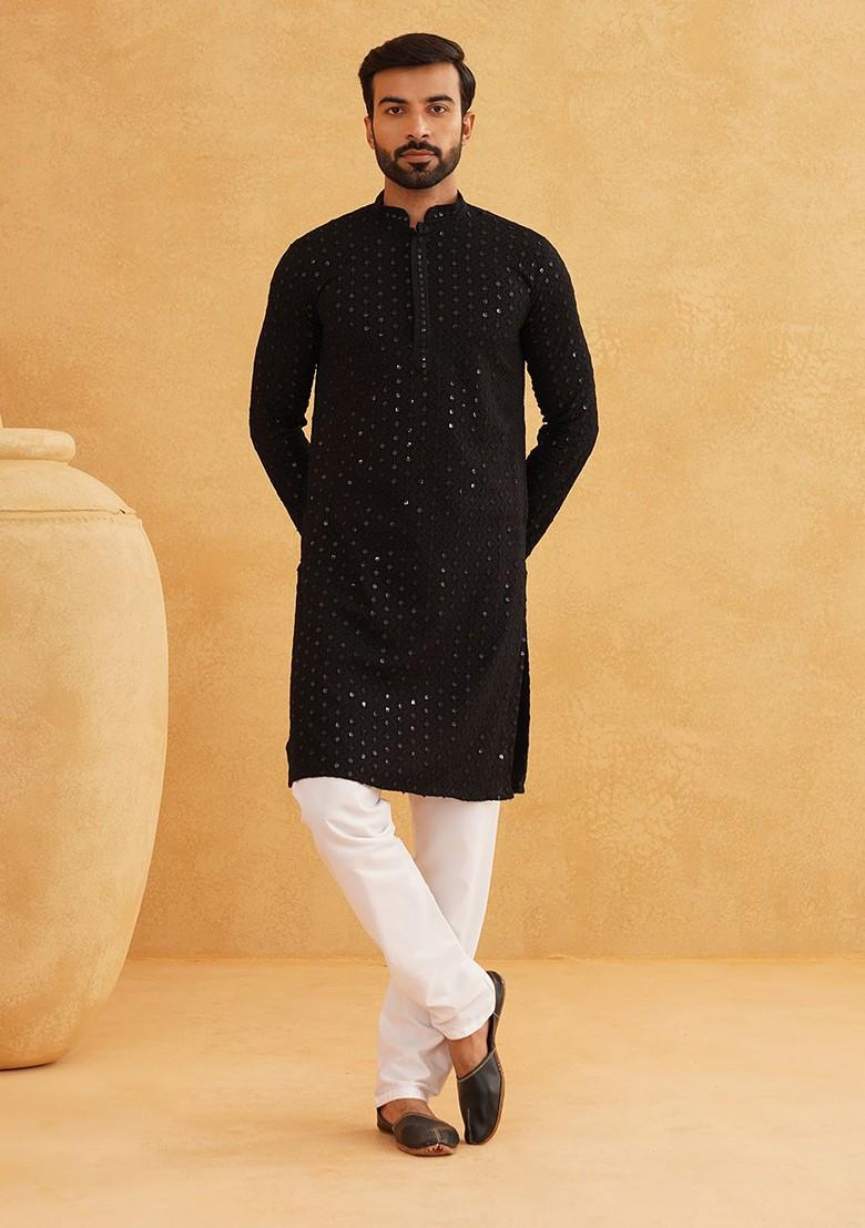 Black Embroidered Cotton Kurta Set For Men