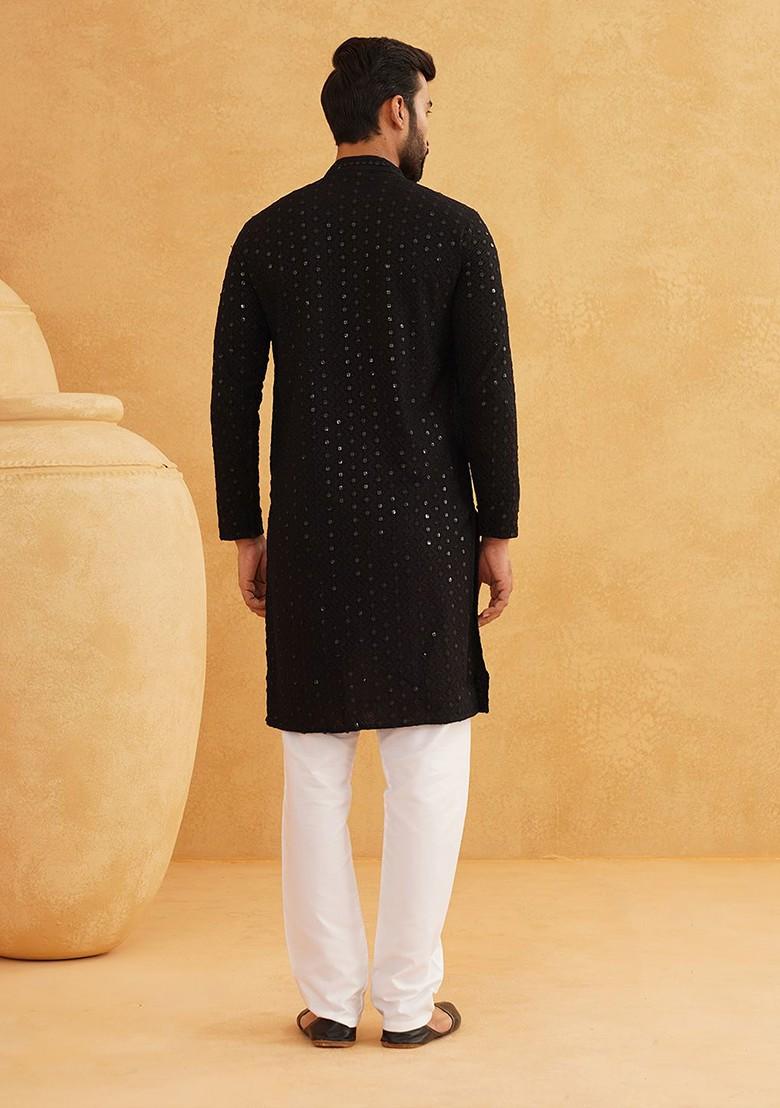 Black Embroidered Cotton Kurta Set For Men