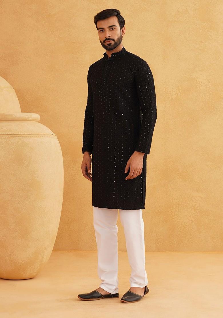 Black Embroidered Cotton Kurta Set For Men