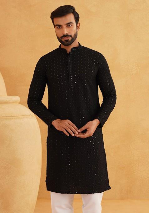Black Embroidered Cotton Kurta Set For Men
