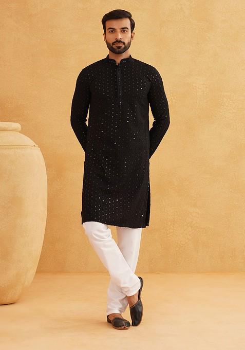 Black Embroidered Cotton Kurta Set For Men