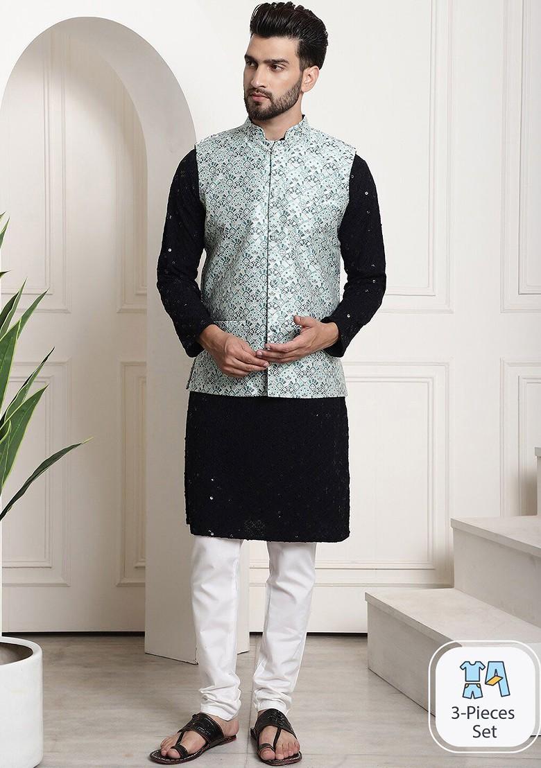 Black Embroidered Cotton Kurta Set For Men