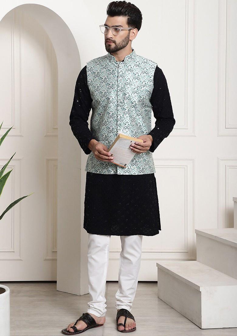 Black Embroidered Cotton Kurta Set For Men