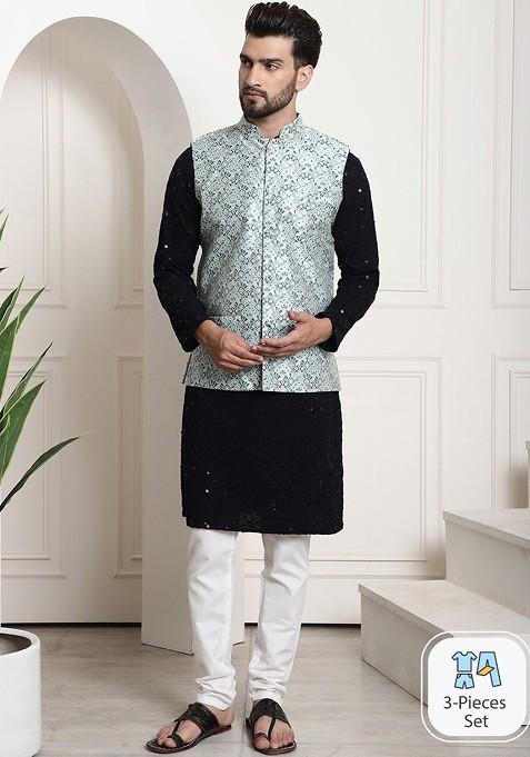 Black Embroidered Cotton Kurta Set For Men