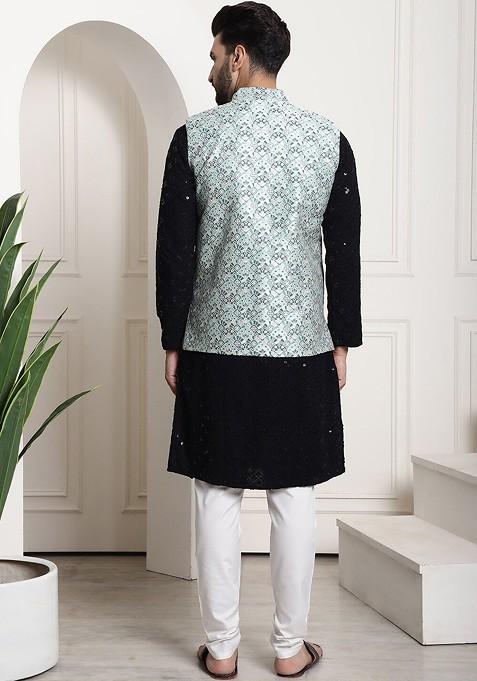 Black Embroidered Cotton Kurta Set For Men