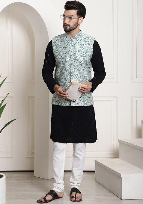 Black Embroidered Cotton Kurta Set For Men