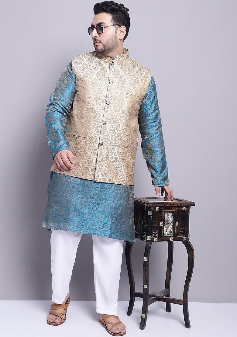 Blue Ethnic Motifs Poly Blend Kurta Set For Men