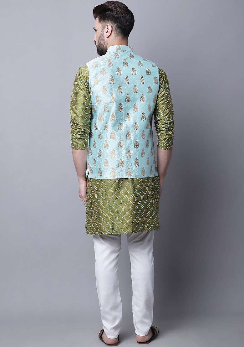 Olive Embroidered Poly Blend Kurta Set For Men - Indya