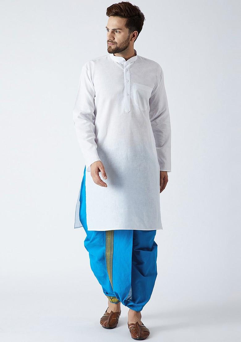 White Solid Poly Blend Kurta Set For Men
