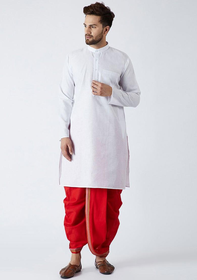 White Solid Poly Blend Kurta Set For Men