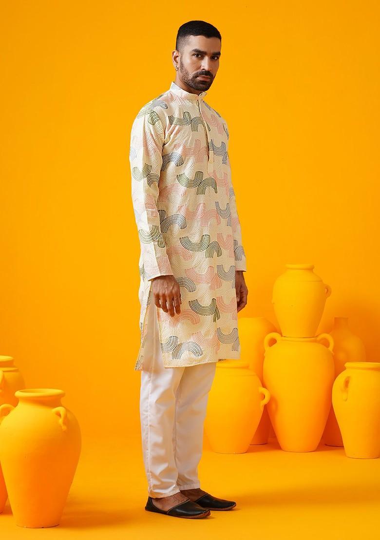 Cream Embroidered Poly Blend Kurta Set For Men
