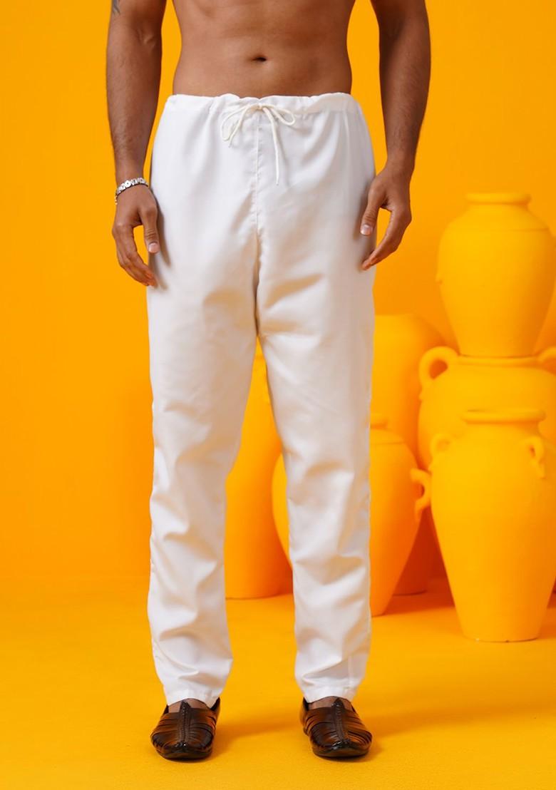 Cream Embroidered Poly Blend Kurta Set For Men