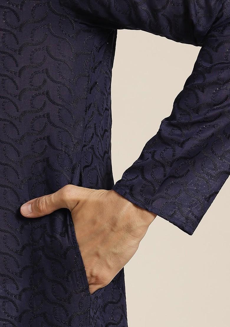 Navy Blue Chikankari Cotton Kurta Set For Men