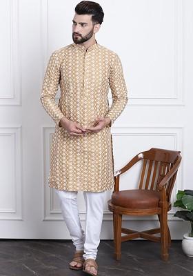 Gold Embroidered Poly Blend Kurta Set For Men