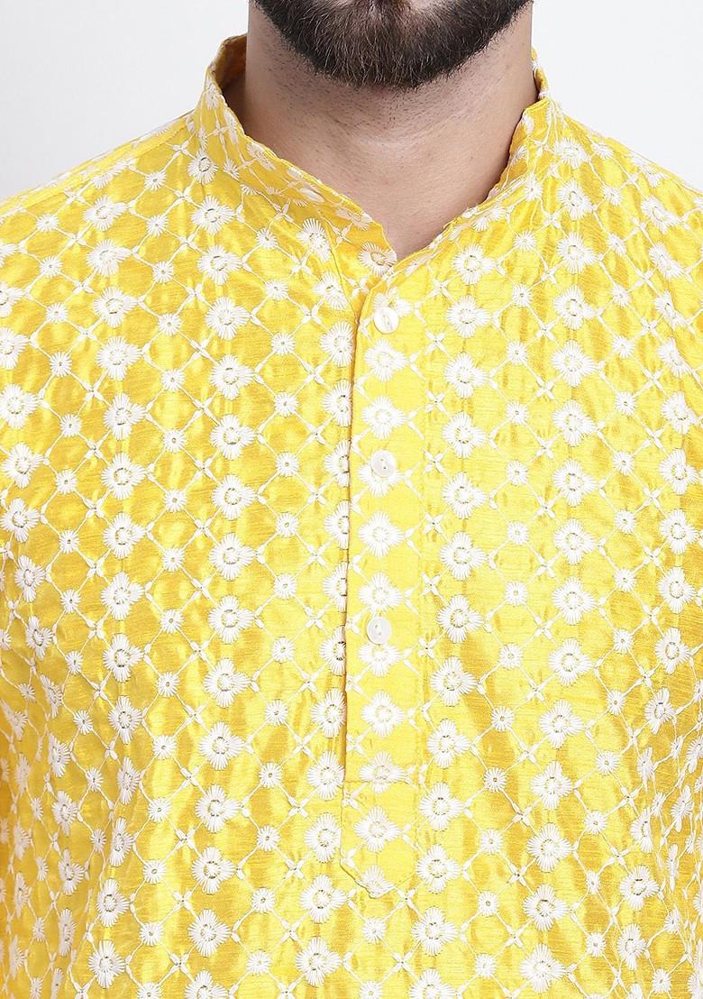 Yellow Embroidered Poly Blend Kurta Set For Men