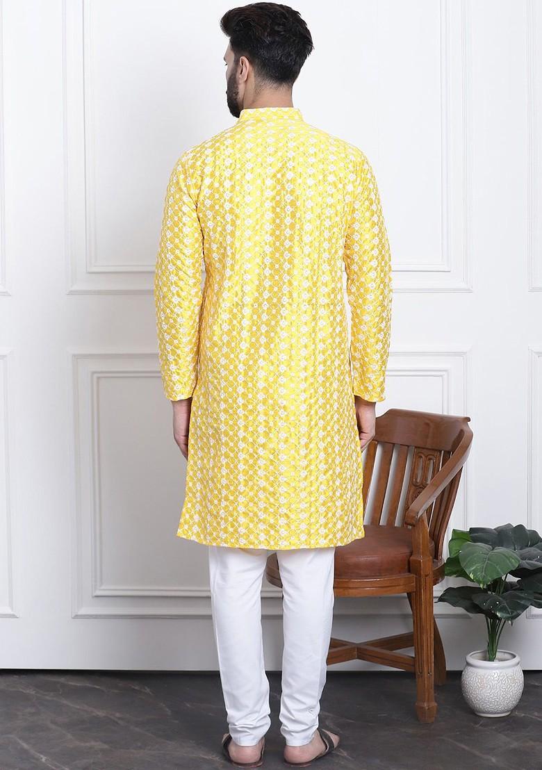 Yellow Embroidered Poly Blend Kurta Set For Men