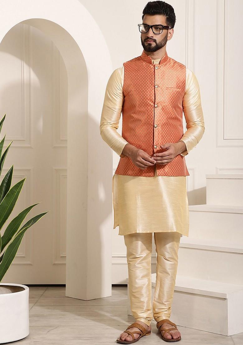 Gold Solid Poly Blend Kurta Set For Men