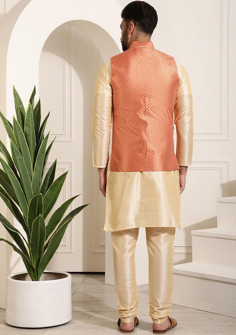 Gold Solid Poly Blend Kurta Set For Men
