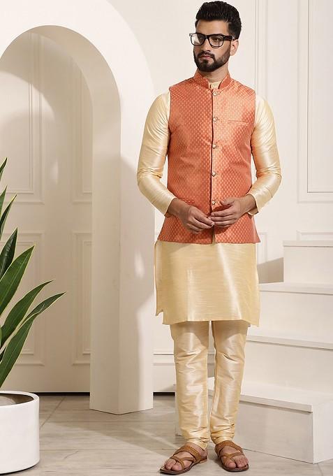 Gold Solid Poly Blend Kurta Set For Men