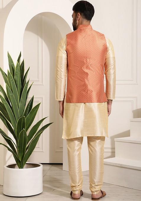 Gold Solid Poly Blend Kurta Set For Men