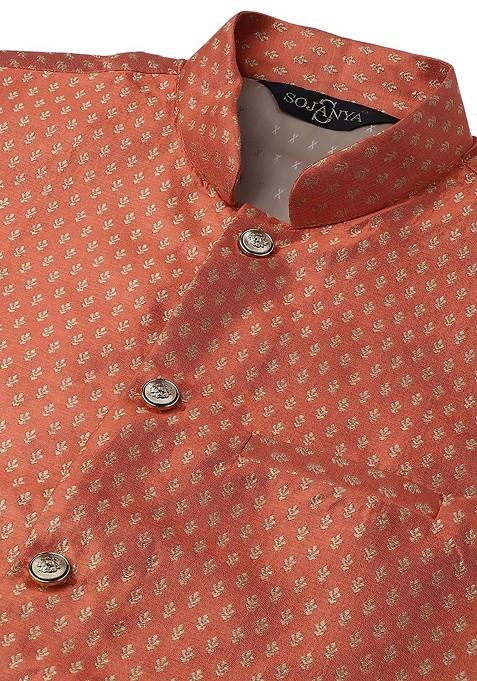 Gold Solid Poly Blend Kurta Set For Men