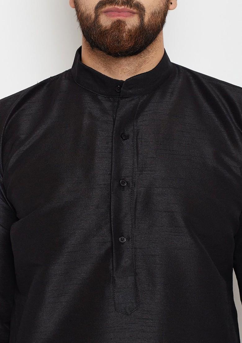 Black Solid Poly Blend Kurta Set For Men