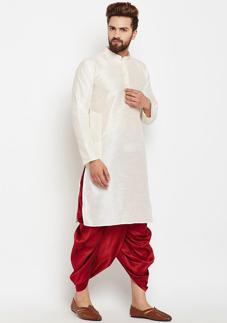 Off White Solid Poly Blend Kurta Set For Men