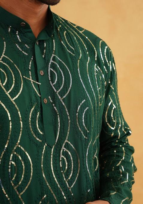 Green Embroidered Cotton Kurta Set For Men