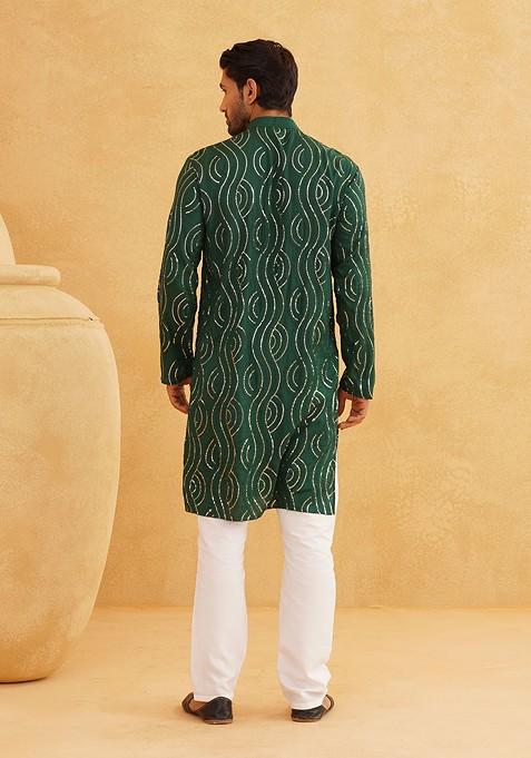 Green Embroidered Cotton Kurta Set For Men