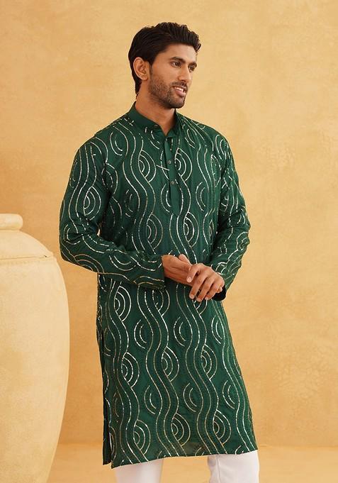 Green Embroidered Cotton Kurta Set For Men