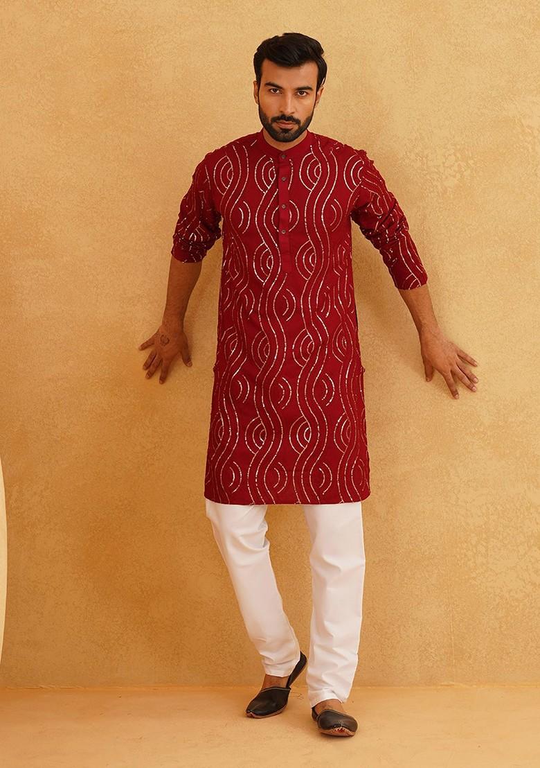 Red Embroidered Cotton Kurta Set For Men