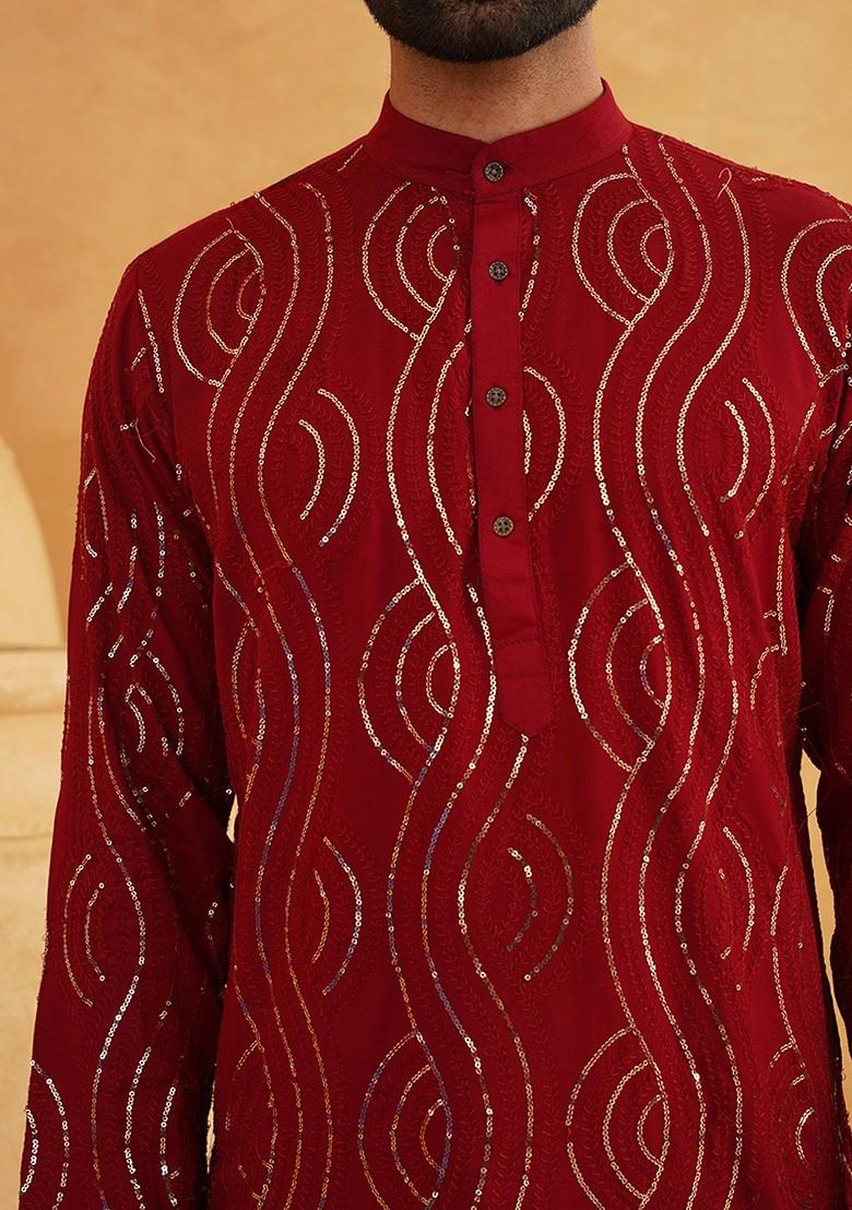 Red Embroidered Cotton Kurta Set For Men