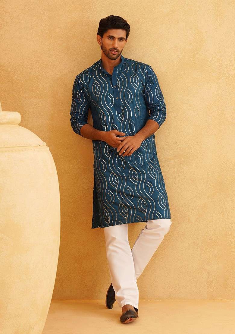 Teal Blue Embroidered Cotton Kurta Set For Men - Indya