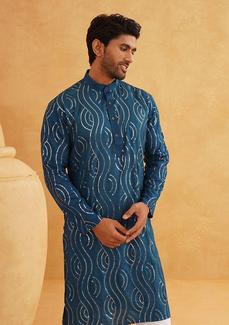 Teal Blue Embroidered Cotton Kurta Set For Men