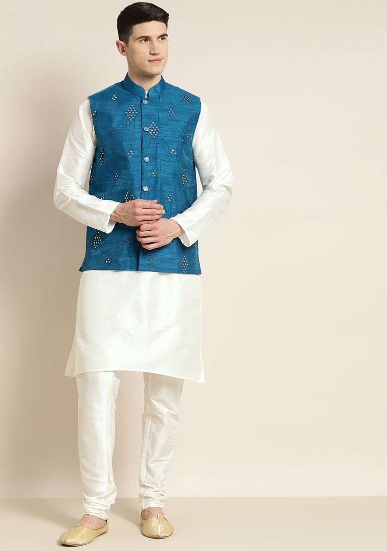 Off White Solid Poly Blend Kurta Set For Men - Indya