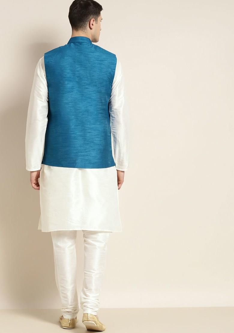 Off White Solid Poly Blend Kurta Set For Men