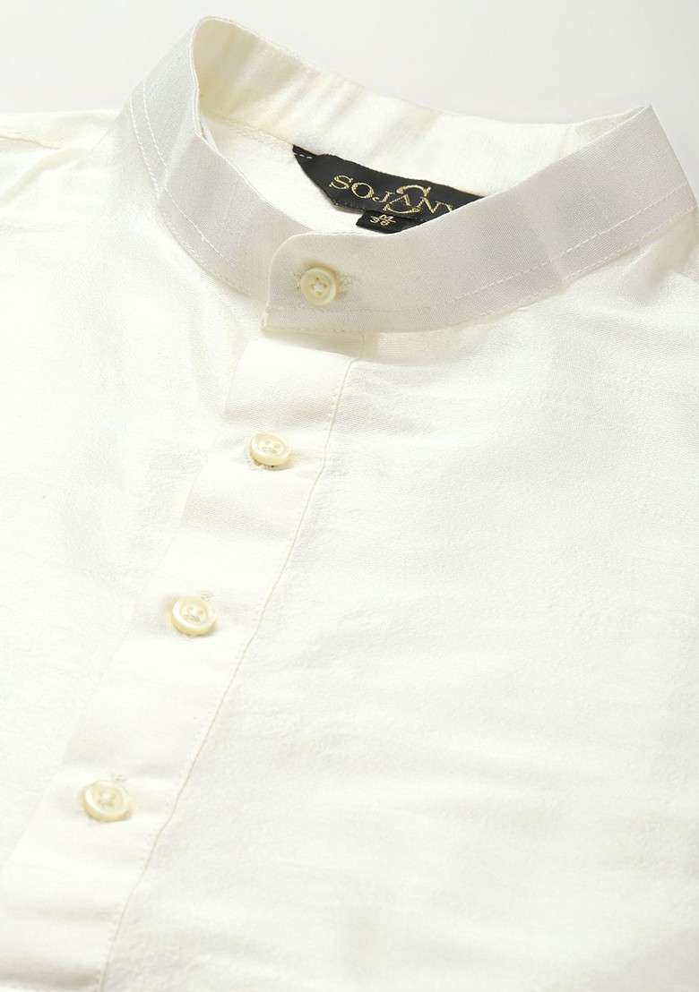 Off White Solid Poly Blend Kurta Set For Men - Indya
